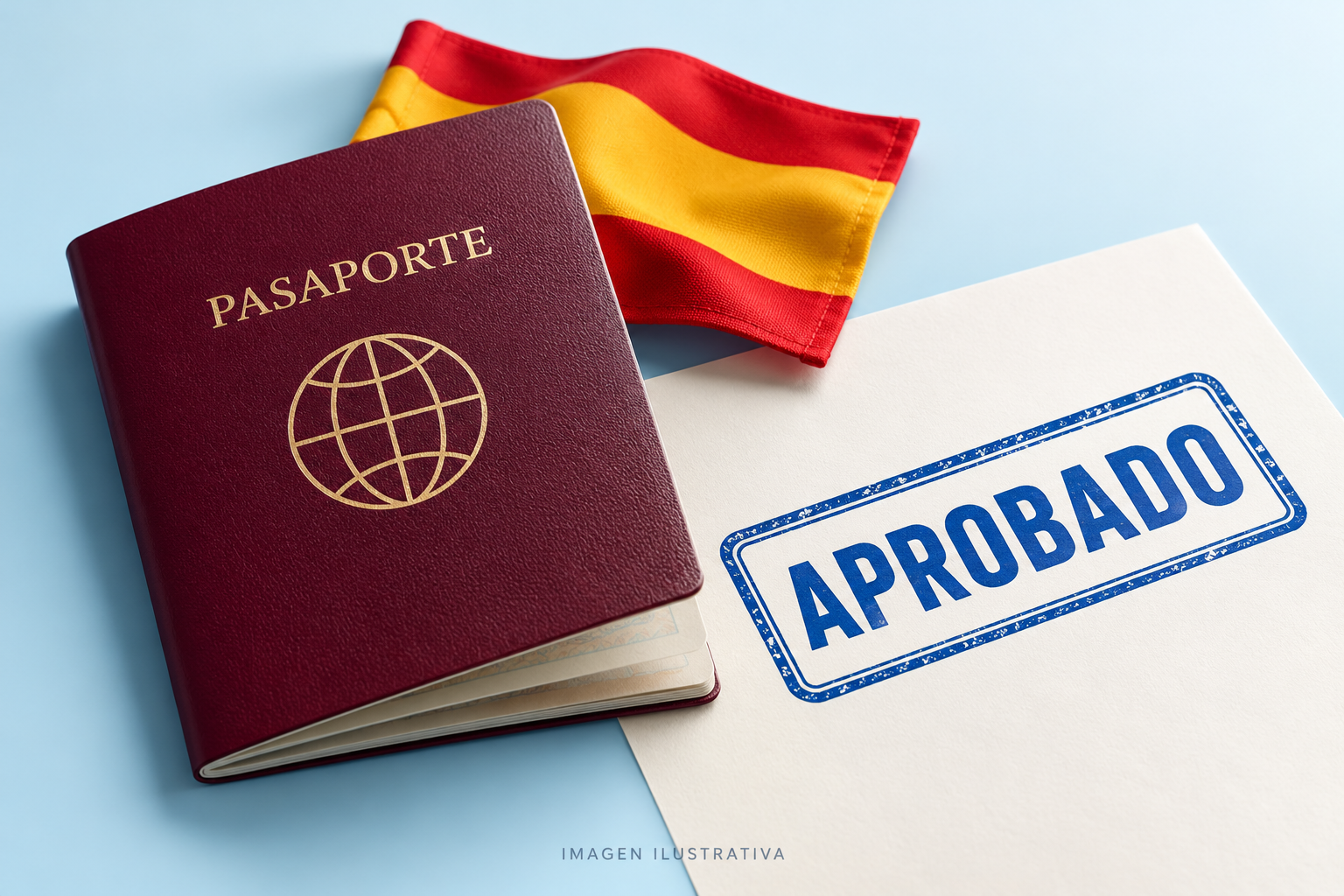Ilustración de un pasaporte, bandera de España y sello conceptual APROBADO